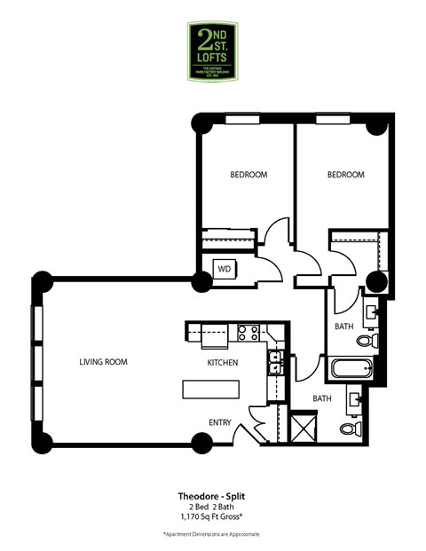 Floor plan for 2 beds, 2 baths, 1170 sqft